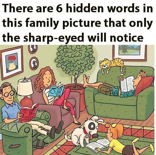 How many of the six hidden words can you locate in this living room photo?