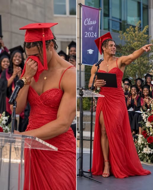 My son walked across the graduation stage wearing a vivid red dress while hundreds of people laughed.