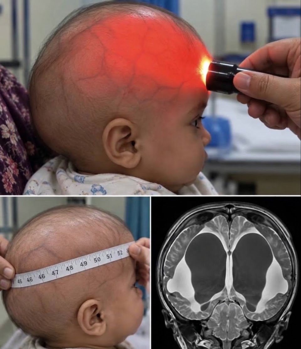What is hidden behind the red light illuminating this baby’s head?