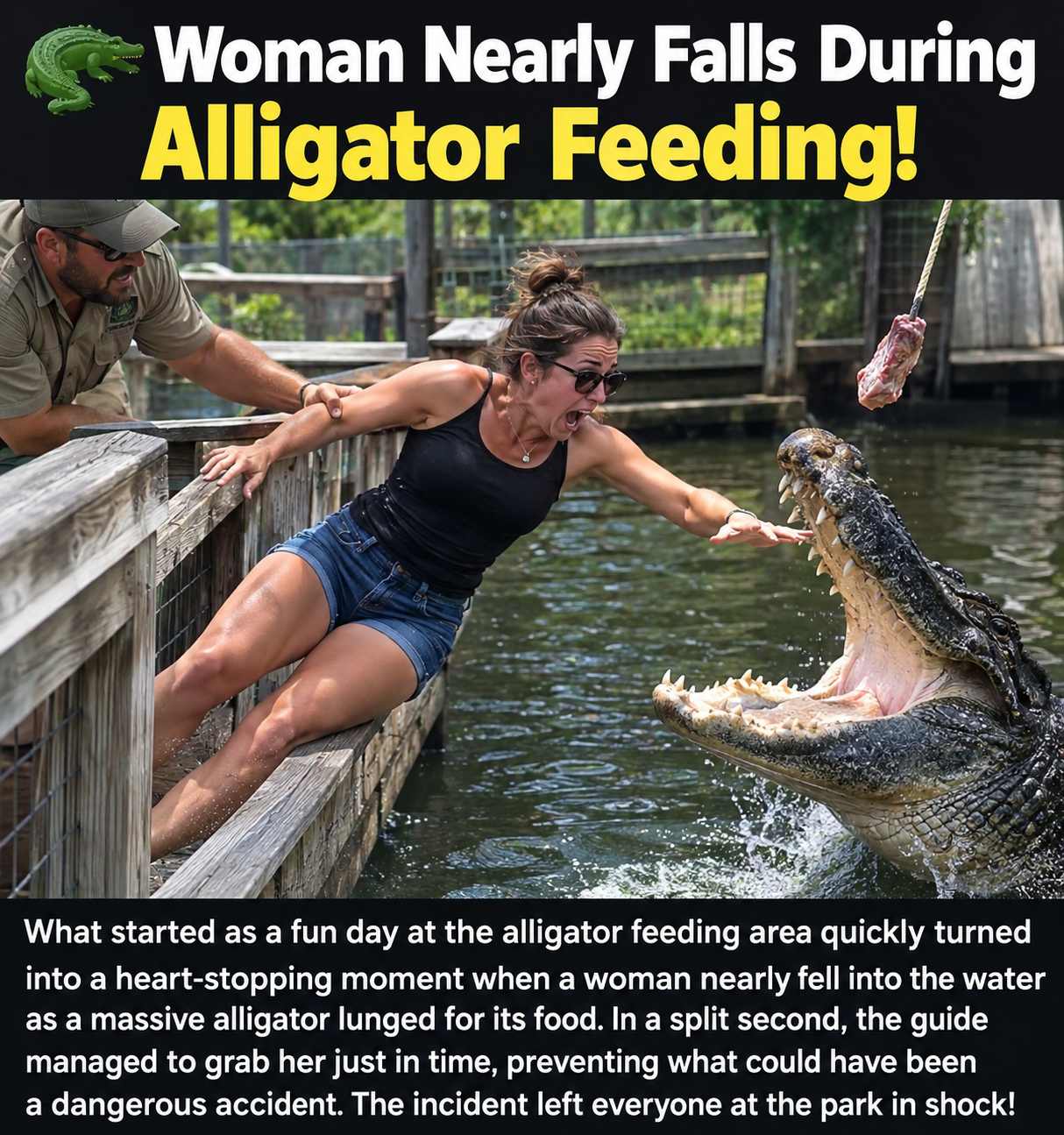Woman Nearly Falls During Alligator Feeding!